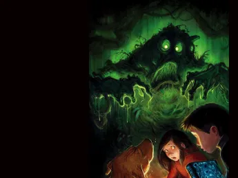 Illustration of a ghostly green monster and two children looking scared