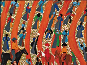 The painting, "Overseers in the Field #1" (2007), informed by Winfred Rembert