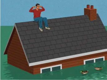 Illustration of a man plugging his ears on the roof of his house as floodwaters engulf the building
