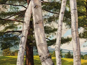 colorful painting detailing birch trees