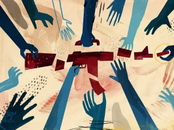 illustration showing multiple hands dismantling a rifle