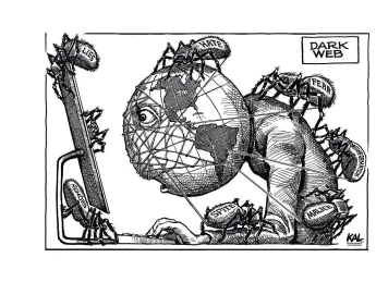 A black and white cartoon shows a computer-user, with Earth’s globe for a head, stares into a screen, while spiders labeled “hate,” “misinformation,” “fear,” and “lies” crawl across his body, wrapping him in their webs.