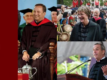 Installation photos of Harvard presidents Lawrence Summers, Drew Gilpin Faust, and Lawrence Bacow