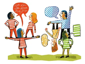 Illustration of two teams working together. One is well-coordinated, the other is not.