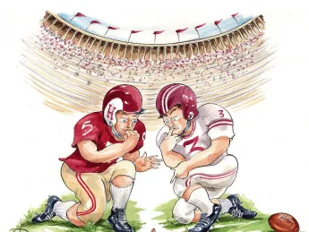 Illustration of a football coin toss with coin landing on edge