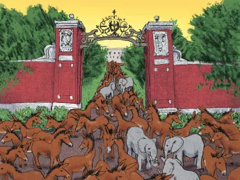 A large group of donkeys entering Harvard Yard with a few elephants interspersed.