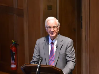 Harvard president emeritus Derek Bok addresses the academic summit during the six-hundredth anniversary celebration for the University of St Andrews on September 14.