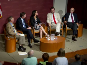 A panel of faculty specialists—including Oman professor of international relations R. Nicholas Burns, Tisch professor of history Niall Ferguson, Distinguished Service Professor and former dean Joseph S. Nye Jr., and international security program fellow Marisa L. Porges—discussed President Barack Obama’s proposal to take military action in Syria following that government’s use of chemical weapons to kill hundreds of civilians.
