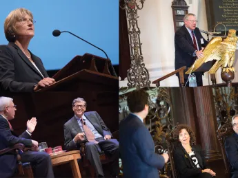 Scenes from a campaign celebration, clockwise from top right: campaign co-chair, Corporation member, and University treasurer James F. Rothenberg begins the day's events in Memorial Church; faculty panelists Jonathan L. Zittrain (back to camera), Rebecca Henderson, and Peter Sorger; a conversation on philanthropy between campaign co-chair David M. Rubenstein (left) and Bill Gates; President Drew Faust's address in Sanders Theatre