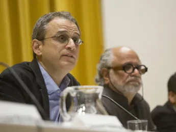 William Deresiewicz (left) and his host, Mahindra Humanities Center director Homi K. Bhabha