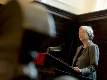 President Drew Faust speaks at morning prayers in Appleton Chapel on the first day of classes.