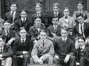 FDR (first row, second from left) and his roommate Lathrop Brown (first row, far right) pose with fellow Glee Club members in the fall of their freshman year.