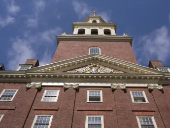 The Lowell House bell tower, viewed from the the ground