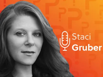 A black and white portrait of Dr. Staci Gruber