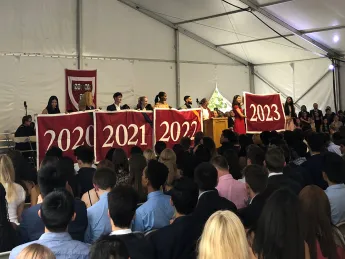 The class of 2023 displays its class year banner for the first time