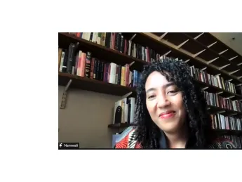 Namwali Serpell speaking on video chat from her office