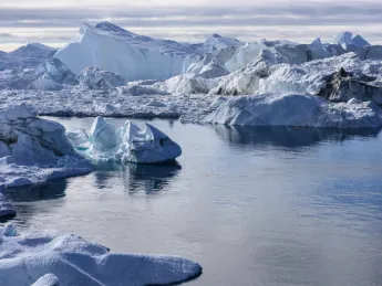 Icebergs at the end of the Ilulissat Icefjord, Disko Bay, western Greenland.