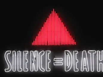 The iconic <i>Silence=Death</i> neon sign, 1987, by the Silence=Death Project, appropriated (and inverted) the pink triangle used by Nazis to identify known homosexuals; the message, in poster form, preceded the formation of ACT UP. This is a copy of the original from the collection of the New Museum, New York.