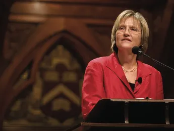 Drew Faust, speaking in Sanders Theatre on September 24