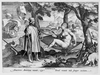 Theodore Galle, after Stradanus (Jan van der Straet), <i>Discovery of America,</i> from <i>Nova reperta</i> (New inventions and discoveries of modern times), c. 1599–1603. Engraving