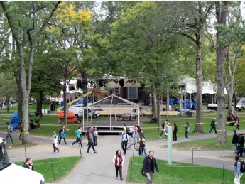 Preparations were under way Wednesday for Friday's celebration in Harvard Yard. Here, the view from Widener toward Memorial Church: the stand for Joanne Chang’s Harvard birthday cake, the platform where Yo-Yo Ma will perform, and the dance stage and band tent immediately in front of the church.
