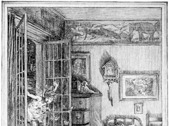 Illustration by F.D. Bedford for J.M. Barrie’s <i>Peter and Wendy.</i> As the children sleep, Peter crosses the sill in the glow of Tinker Bell’s light.