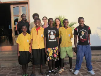 Theresa Betancourt with members of the youth advisory board for her family-strengthening intervention project in southern Kayonza District, Rwanda