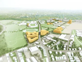 Harvard's 10-year plan for Allston includes an addition to Harvard Stadium and construction of new buildings, as seen looking northeast from Allston back toward Cambridge.