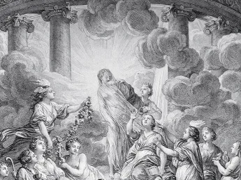 Frontispiece (1772) for <i>Encyclop&eacute;die</i>, edited by Denis Diderot: Truth, bathed in light, is unveiled by Philosophy and Reason 