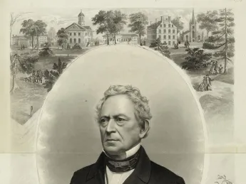 J.C. Buttre&rsquo;s portrait, probably drawn when Everett ran for vice president on the Constitutional Union Party ticket in 1860, links him to Harvard and George Washington, one of his favorite subjects. (His lectures raised more than $100,000 to help purchase Mount Vernon [see <a href="http://harvardmagazine.com/2011/05/granny-talk">“Granny Talk”</a>], and he wrote the entry on Washington for the 1860 <i>Encyclopaedia Britannica.</i>) 