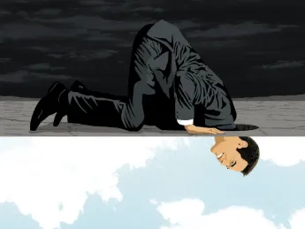 Illustration showing man kneeling and looking through the floor onto a blue sky with clouds