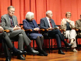 Bruce Walker, Dyann Wirth, moderator George Q. Daley, Angela DePace, and Samir Mitragotri at a symposium titled “Life Sciences Innovation and the Future of Medicine.”