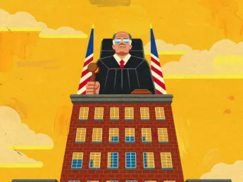A judge presides over an urban landscape from atop a tall building