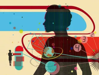 Abstract illustration of a woman’s upper torso in silhouette, overlayed with small images suggesting medical research