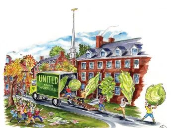 In Harvard Yard, workers unload gigantic heads of lettuce and other greens from a truck prominently labeled United Farm Workers as students celebrate the University's decision to support the union workers by buying only UFW-certified produce. 
