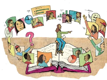 An illustration showing a teacher sitting on an enormous open book with students on screens hovering around her, some raising their hands to ask questions