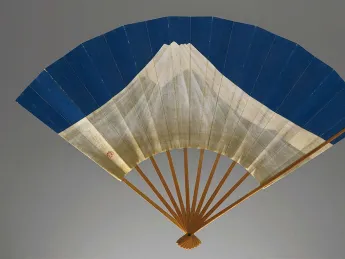 Photograph of Edo era fan depicting Mount Fuji and Mount Tsukuba on alternate sides