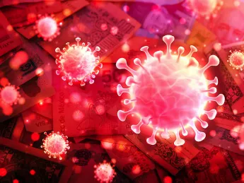 Scientific illustration of the SARS 2 virus over a backdrop of world currencies