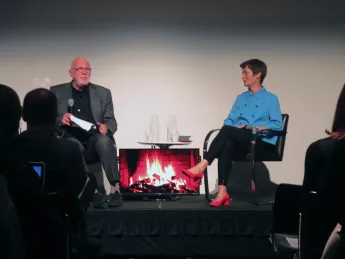 A file photograph of M.Des. program director and Noyes professor in architectural theory K. Michael Hays sitting with Design School dean Sarah Whiting