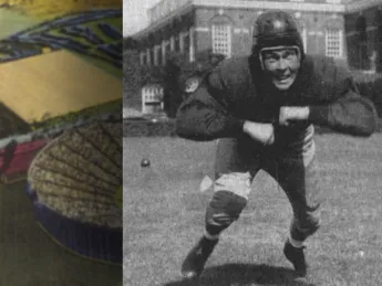 Football player Chubb Peabody, in pads and helmet, charges forward.