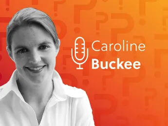 Caroline Buckee headshot over an orange background.