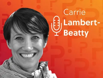 Carrie Lambert-Beatty headshot over an orange background. 