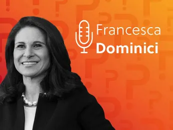 Francesca Dominici headshot over an orange background.