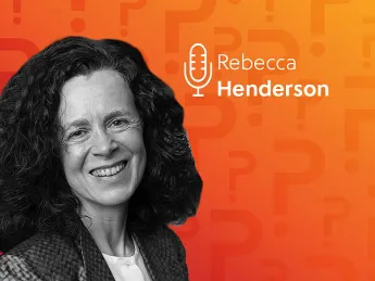 Rebecca Henderson headshot over an orange background