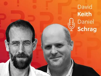 Daniel Schrag and David Keith headshots over an orange background