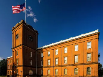 The red brick former arsenal built in 1850 that now houses the Springfield armory museum