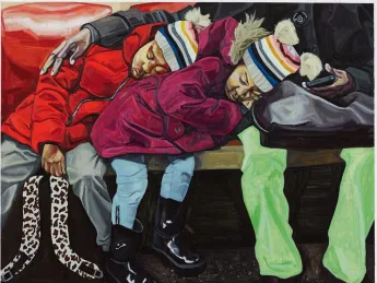 painting of twins asleep on a NYC subway, nestled against their caregiver