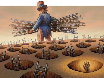 Image of Uncle Sam walking away with ladders, leaving a brown hand grasping from a hole in the ground