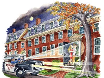 Humorous illustration of campus police seeing late-night daters’ final kiss