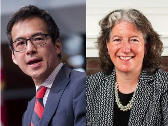 Archon Fung and Meredith Weenick, chairs of faculty and staff advisory committees for Harvard presidential search